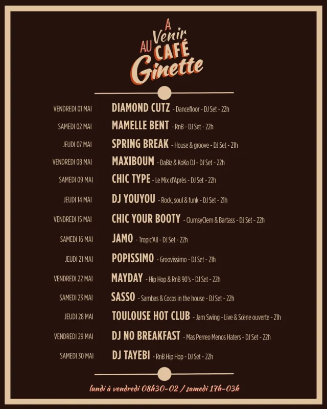 ☀️ Le mois de mai au Café Ginette.
La prog du mois est sortie 👉

Vous venez à quelle date ce mois-ci ? 👇

#cafeginette #toulouse #minimes #toulousebynight #sortiratoulouse #toulousefood #toulousemaville #djsettoulouse #baratoulouse #terrassetoulouse #restauranttoulouse #soireetoulouse #toulousecity #guinness #afterworktoulouse