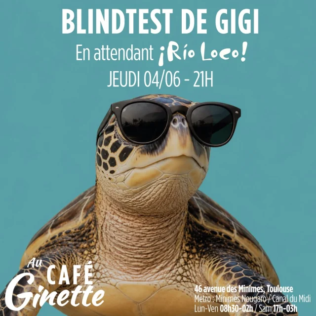 Le retour du mythique Blind Test de Gigi au Café Ginette by Xavier Aka Papa ! 🎶

Cette fois-ci, préparez-vous à voyager à travers les iles avec une édition spéciale Rio Loco.

Musiques d'Amérique latine, sonorités caribéennes, classiques ensoleillés, en passant par l'Irlande, le Japon et d'autres pépites du monde et quelques surprises bien senties : saurez-vous reconnaître les morceaux avant les autres équipes ?

📆 Jeudi 04 Juin - 21h
📍 46 Avenue des Minimes, 31200 Toulouse

🎟️ Gratuit ! Venez tôt pour profiter pleinement de l'ambiance Ginette 🍻

#CafeGinette #BlindTest #RioLoco #Toulouse #SortirAToulouse #LesMinimes #SoireeToulouse #QuizMusical #MusiqueDuMonde #LatinMusic #CaribbeanVibes #BarToulouse #AfterworkToulouse #BonPlanToulouse #TeamGinette #ToulouseByNight #VieToulousaine #JeudiSoir #CultureToulouse #AmbianceFestive